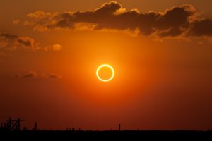 Image of an Annular eclipse showing the Sun covered with the Moon but leaving a 'ring of fire' visible