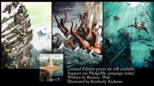 Poster images including a woman climbing a steep icy cliff, a boat being attacked by a giant octopus, and a diver underwater exploring a shipwreck.
