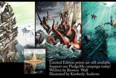 Poster images including a woman climbing a steep icy cliff, a boat being attacked by a giant octopus, and a diver underwater exploring a shipwreck.