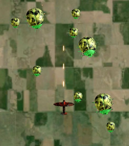 Screenshot from the Beetle Horde Unity Mini-Game showing an orange and black plane flying over Kansas shooting at a swarm of giant yellow and green beetles.