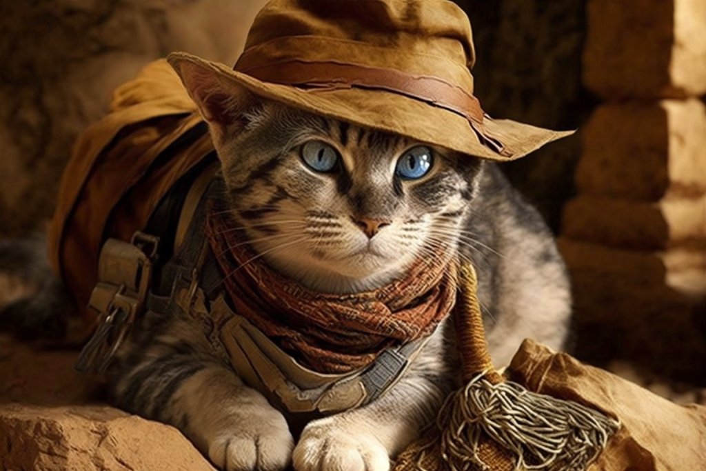 Indian Jones played by a cat