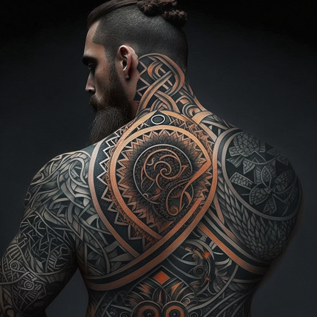 An elaborate psychedelic tattoo using Maori and Celtic symbology