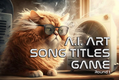 image of a long haired cat wearing sunglasses and sitting in front of a blowing fan. Text reads a.i. art song titles game round 1